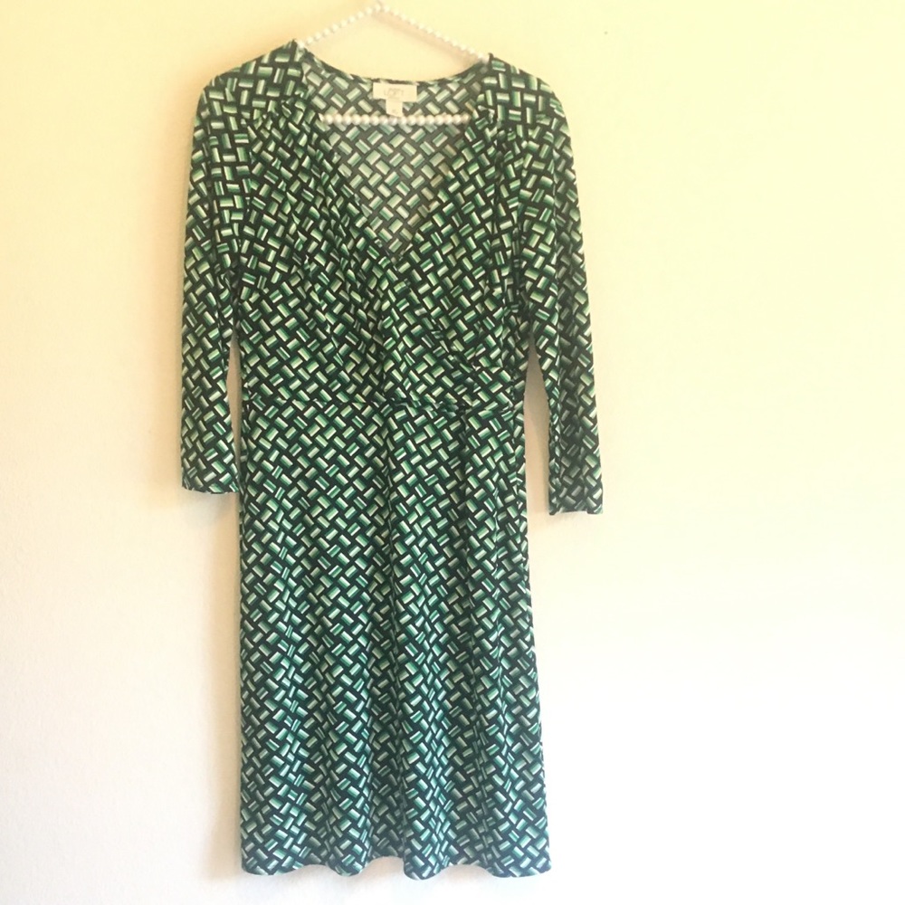 Ann Taylor Loft Faux Wrap Green  and Black Dress